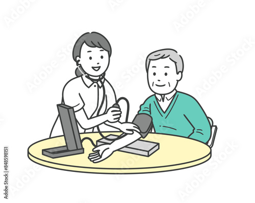 血圧計で血圧を測る笑顔の看護師と高齢男性と半身イラスト