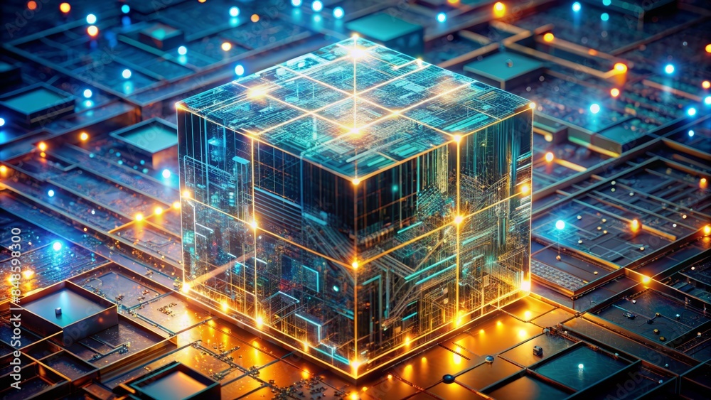 Circuit Board With Glowing Cube. 3D Rendering Of Futuristic Technology. Circuit Board With Glowing Cube. 3D Rendering Of Futuristic Technology.