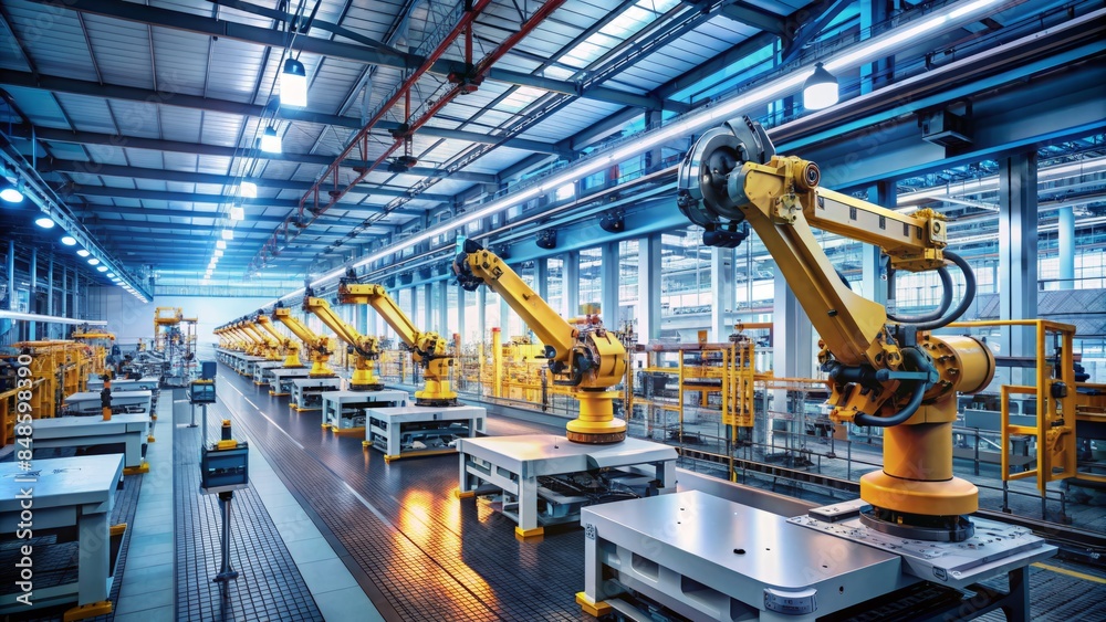 The Picture Shows An Automated Production Line With Robotic Arms. The Factory Of The Future. The Picture Shows An Automated Production Line With Robotic Arms. The Factory Of The Future.