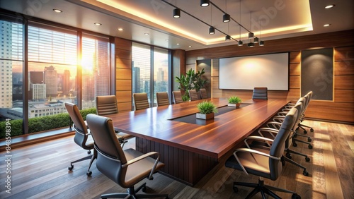 Modern Conference Room Interior With Large Windows, Wooden Table And Chairs, And City View. © DigitalArt Max