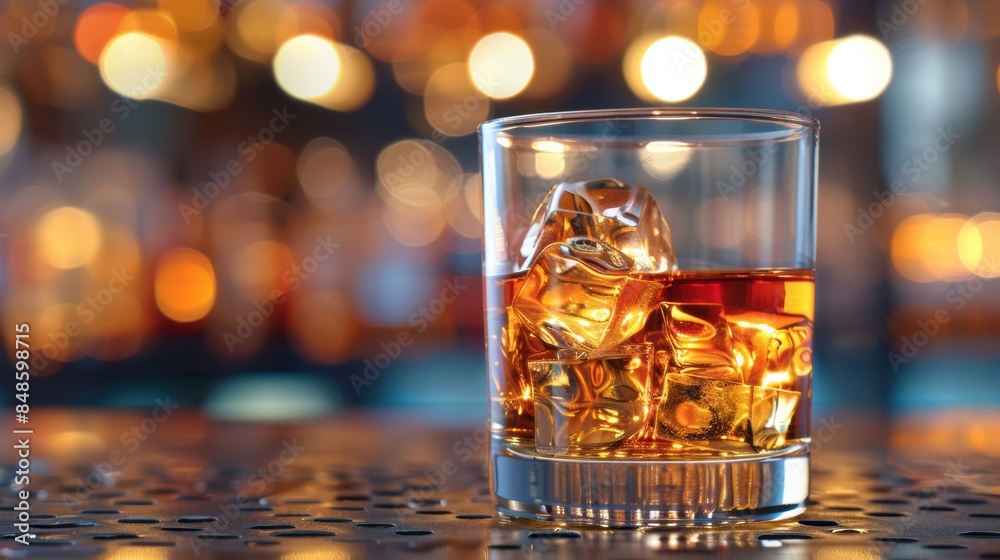 A glass of whiskey on the rocks in a cozy bar setting, with warm lighting creating a relaxing atmosphere. A glass of whiskey on the rocks in a cozy bar setting, with warm lighting creating a relaxing atmosphere.