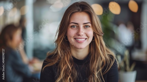 Wallpaper Mural A young woman with a friendly smile sitting in a modern café, enjoying a relaxed atmosphere and casual conversation. Torontodigital.ca