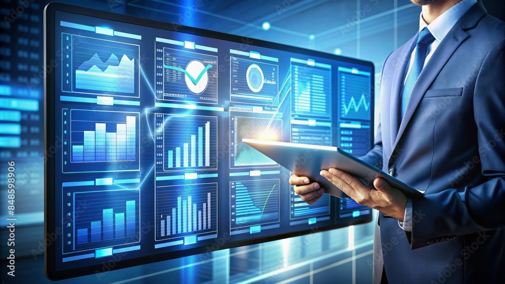 Businessman Analyzing Graphs And Charts On Digital Screen Using Tablet Computer Businessman Analyzing Graphs And Charts On Digital Screen Using Tablet Computer