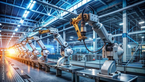 Industrial Robotic Arms In A Modern Factory. The Industry 4.0 Concept. photo