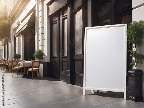 White Empty Paper Poster Mockup Displayed Outside a Building Restaurant. Marketing and Business Concept Design