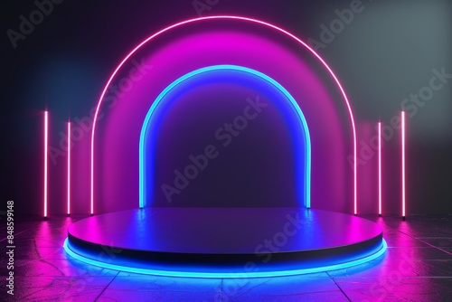 Podium with neon light arch for product demonstration. © InfiniteStudio