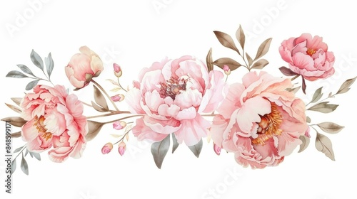 Fototapeta Naklejka Na Ścianę i Meble -  Pink peonies watercolor painting with leaves and flowers in a simple and elegant style