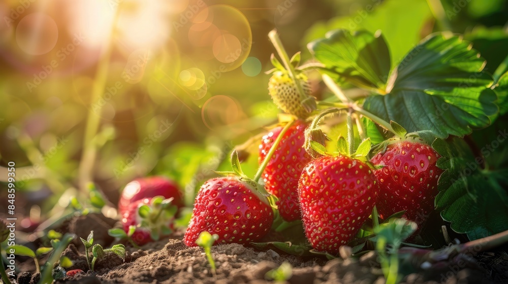 Striking red strawberries in the garden during a sunny summer day Striking red strawberries in the garden during a sunny summer day