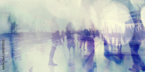 Blurred silhouettes of people walking through a modern office lobby, creating a dynamic and busy atmosphere.
