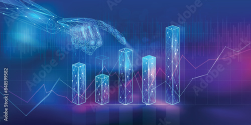 A blue background with growth graphs and an abstract AI stock market chart