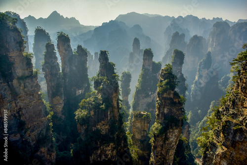The Tianzi Mountains awaken with the rising sun. Picture a panorama of jagged peaks silhouetted against a fiery sky, promising a day of adventure. photo