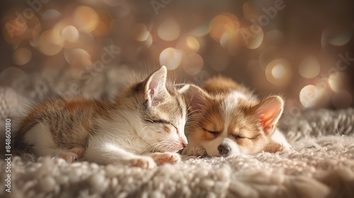 High-detail image of a pair of adorable newborn kittens and a Welsh Corgi lying in a corner, looking at each other. Captured in profile view, they appear fluffy and jewel-like, bathed in soft lighting