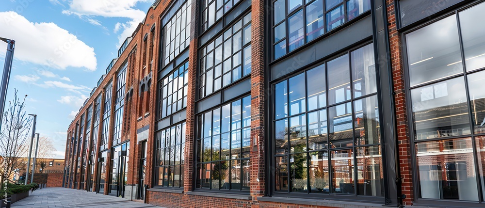 Old brick buildings with tall windows and red accents, adding character to the urban landscape Old brick buildings with tall windows and red accents, adding character to the urban landscape