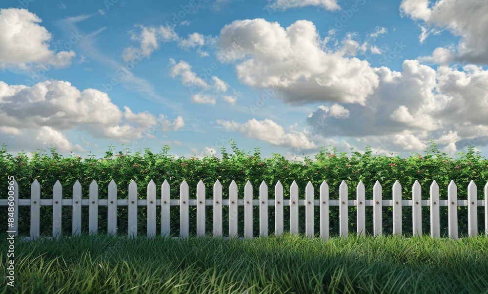Green Grass Lawn with White Picket Fence, Manicured Hedges, and Clear Blue Sky - Peaceful Residential Landscape

