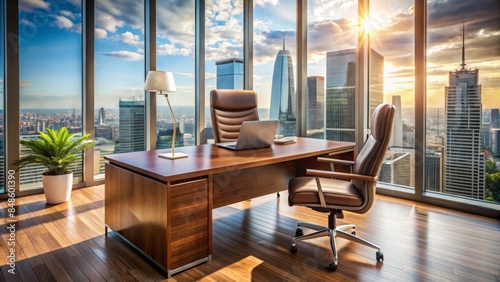 Modern Office Interior With Panoramic City View. 3D Rendering. photo