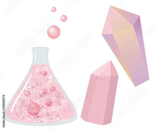 Pink Alchemy Bottle, Pink crystals, Container for Mystical Potions and Reactions, Mystical Flask for Chemical Experiments, Magic Elixir
