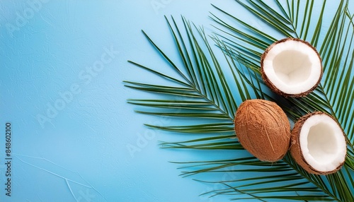 summer vibes vacation paradise ocean shore resort tropical beach travel concept sea coast palm leaves and coconut halves on blue background summertime creative layout copy space
