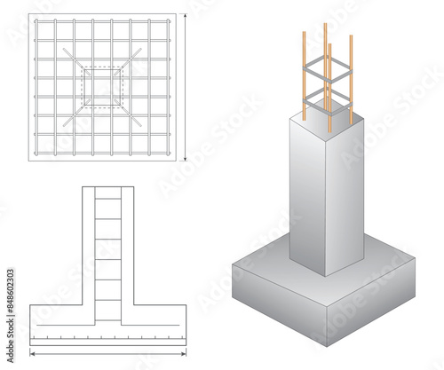 Set of steel column foundation in reinforced concrete block. 3D Illustration