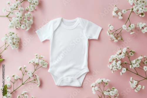 White baby bodysuit on pink background with white flowers. photo