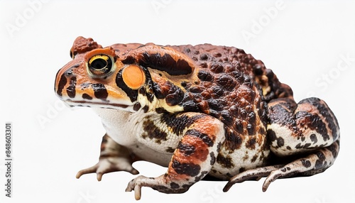 bufo alvarius aka colorado river toad sitting side ways looking ahead with golden eyes isolated cutout on transparent background photo