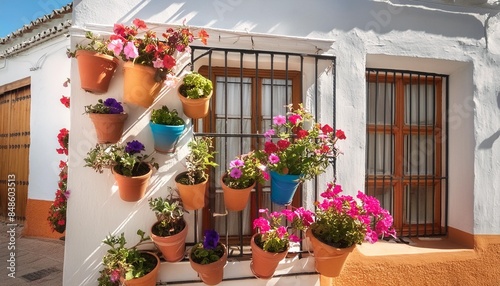 a traditional window adorned with colorful flower pots captures the charm of carmona andalusia spain photo