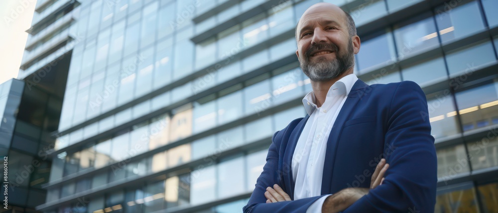 A businessman standing in front of a cityscape, exuding confidence and ambition A businessman standing in front of a cityscape, exuding confidence and ambition