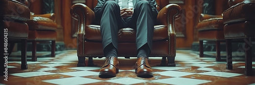 pants and shoes of a businessman, sitting on a sofa in the middle of a room. photo