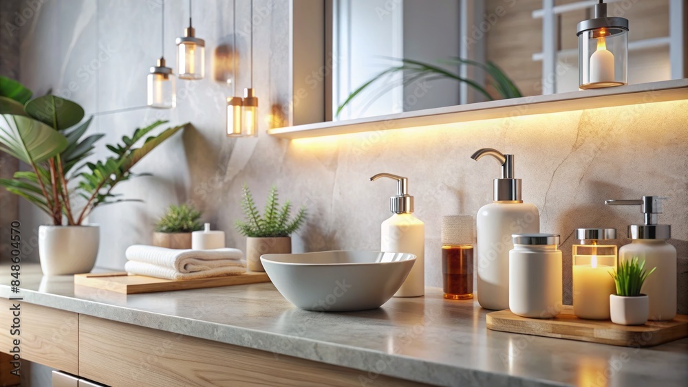 A Beautiful Bathroom Vanity With A Vessel Sink, Plants, And Candles. The Perfect Place To Relax And Unwind. A Beautiful Bathroom Vanity With A Vessel Sink, Plants, And Candles. The Perfect Place To Relax And Unwind.