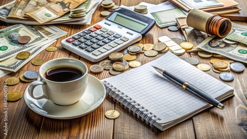Notepad, Calculator And Cup Of Coffee On The Table With Money. Concept Of Saving Money, Finance And Investment. photo