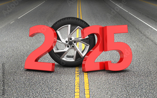 New Year 2025 Creative Design Concept with Wheel - 3D Rendered Image	
