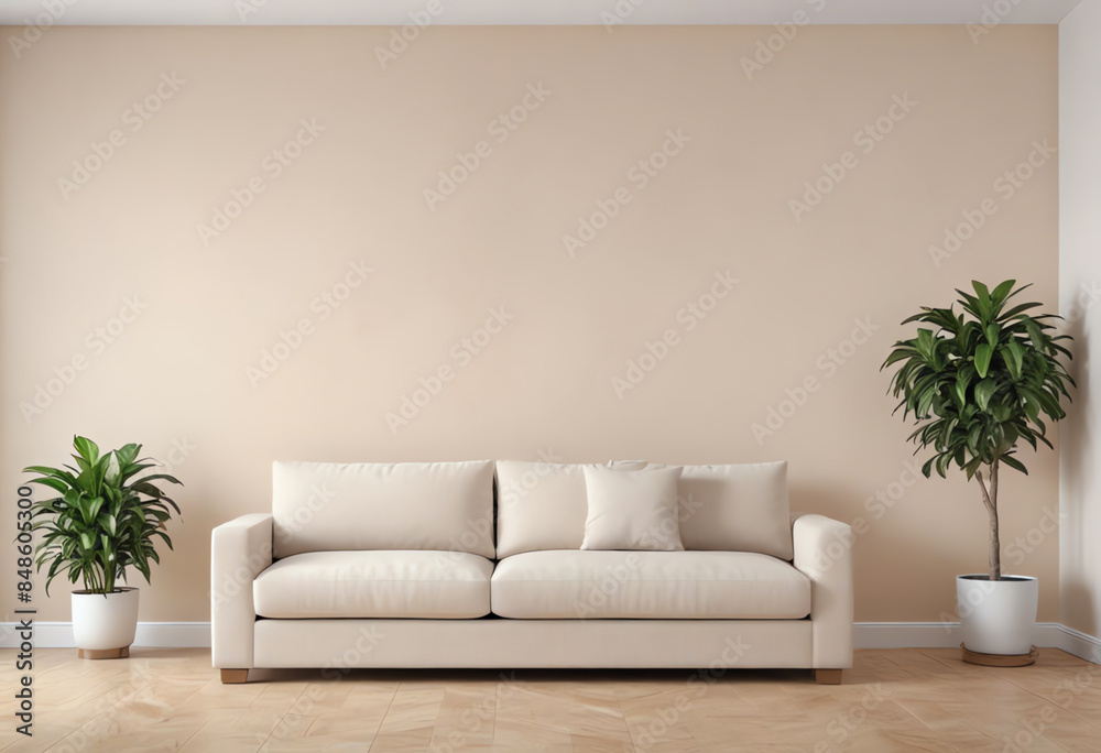blank beige wall living room interior with sofa, potted plant and copy space blank beige wall living room interior with sofa, potted plant and copy space