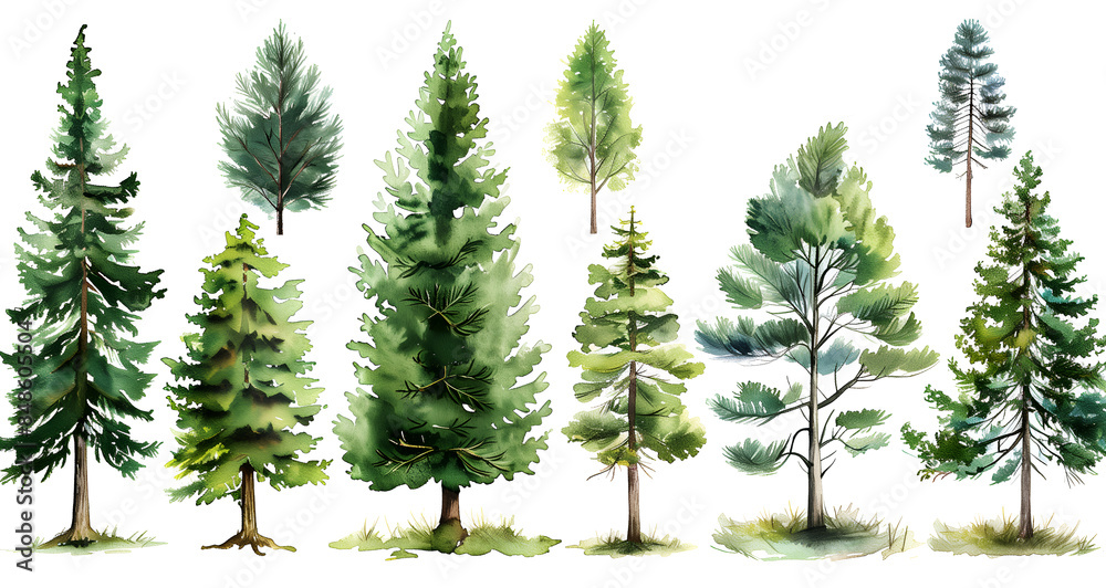 set of pine trees isolated on white set of pine trees isolated on white