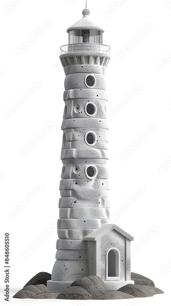 Towering Lighthouse Sculpted from Foam on Isolated White Background Towering Lighthouse Sculpted from Foam on Isolated White Background