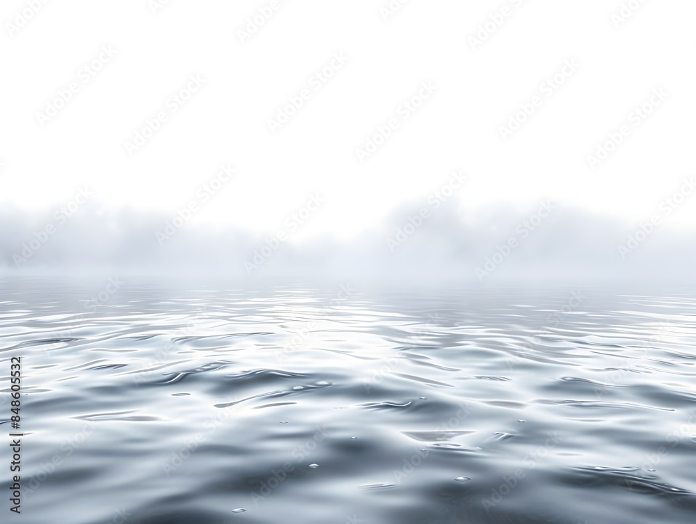 Tranquil Mist-Covered Lake Surface with Ethereal Reflection Against Isolated White Background Tranquil Mist-Covered Lake Surface with Ethereal Reflection Against Isolated White Background