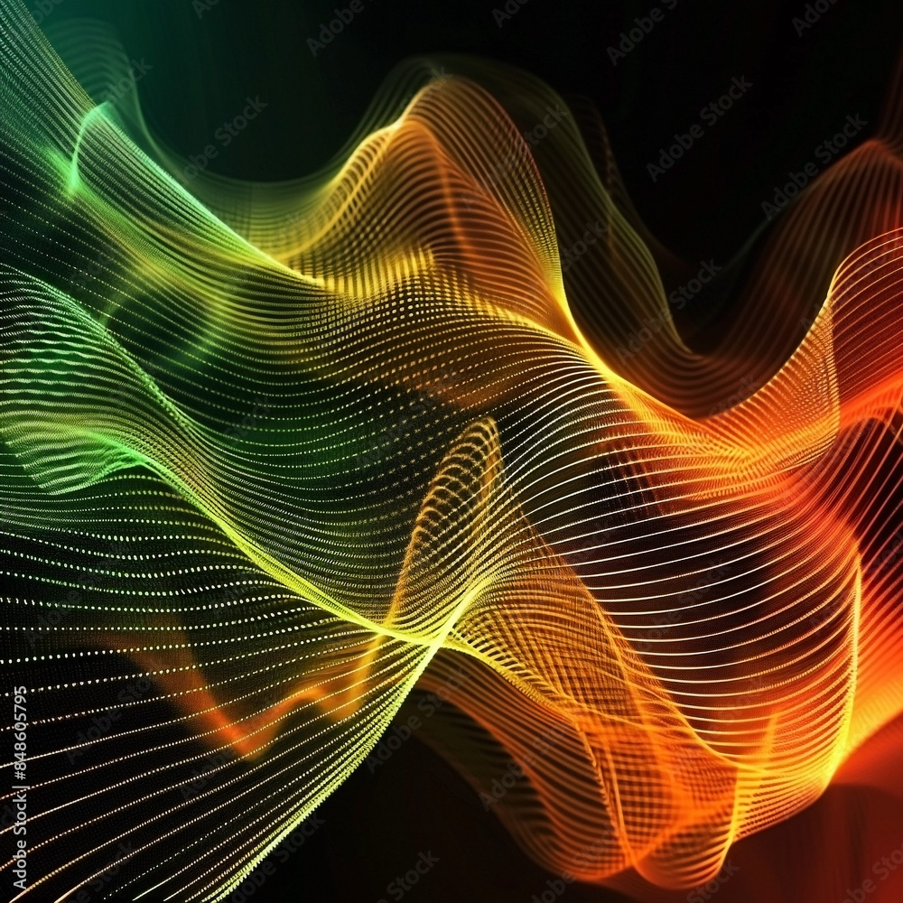 Background image of frequency waves, in colors green, orange, yellow, red. A black background Background image of frequency waves, in colors green, orange, yellow, red. A black background