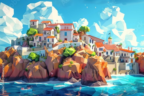 Low-poly cliffside village with sea view photo