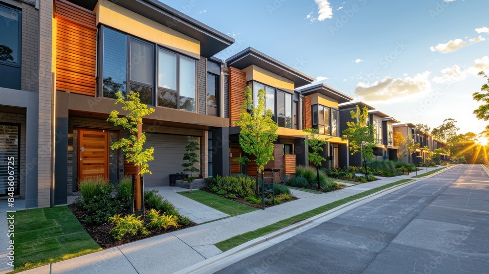 A row of modern residential town homes or townhouses in Melbourne's suburb, VIC Australia. Concept of real estate development A row of modern residential town homes or townhouses in Melbourne's suburb, VIC Australia. Concept of real estate development