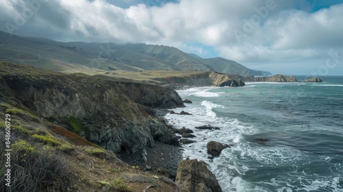 Majestic Coastal Panorama with Waves Crashing Against Rugged Cliffs