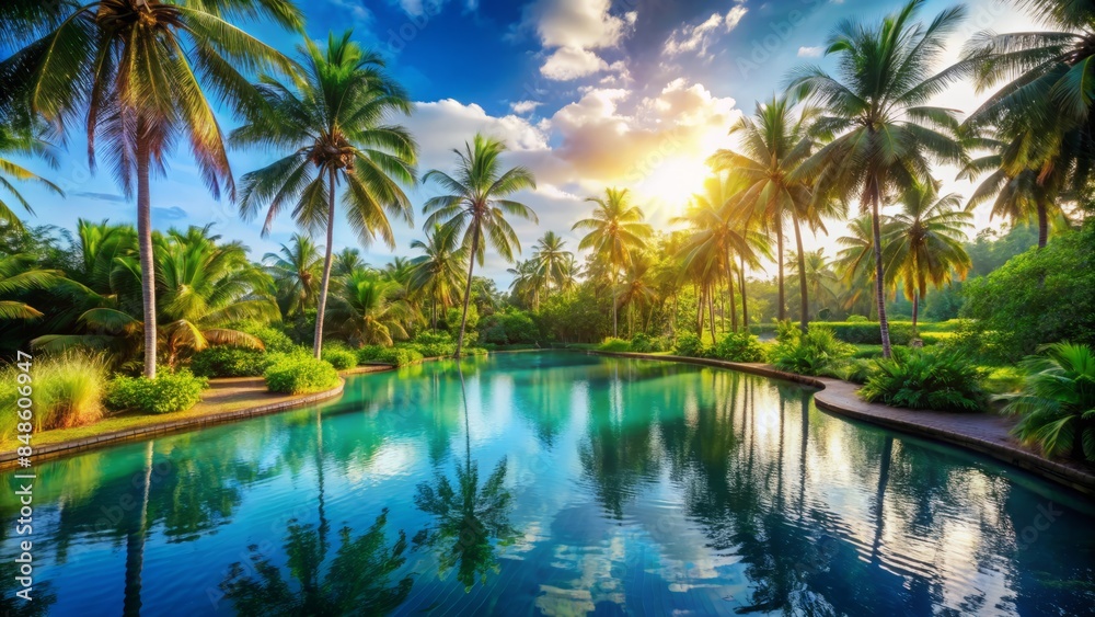 Serene summer scene featuring a tranquil blue pool surrounded by lush greenery and tall palm trees under a bright sunny sky. Serene summer scene featuring a tranquil blue pool surrounded by lush greenery and tall palm trees under a bright sunny sky.