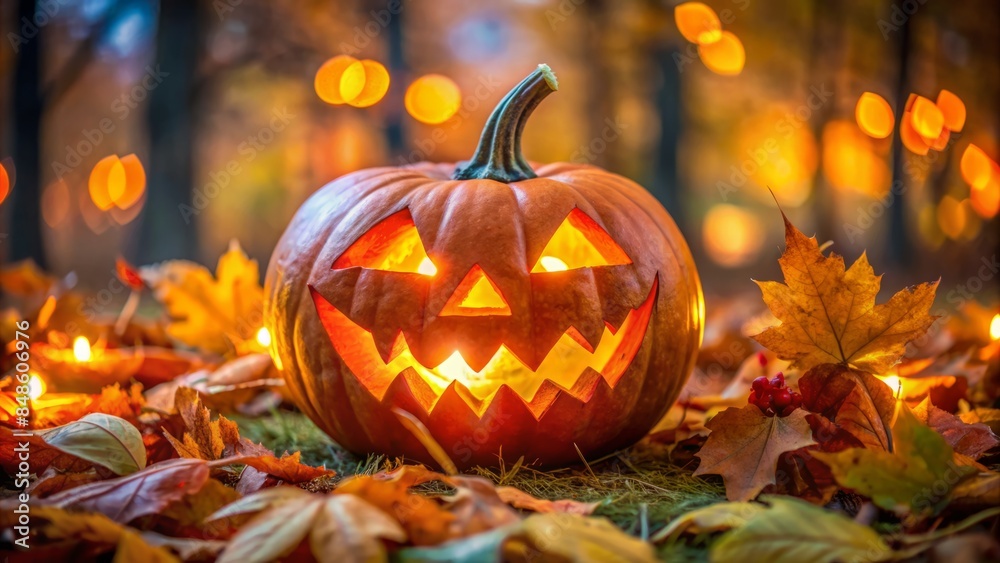 Vibrant orange illuminated carved pumpkin with intricate triangular eyes and sinister grin surrounded by autumnal leaves and eerie twilight ambiance. Vibrant orange illuminated carved pumpkin with intricate triangular eyes and sinister grin surrounded by autumnal leaves and eerie twilight ambiance.