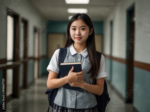Beautiful Asian girl model as high school student holding book and stand at school hallway