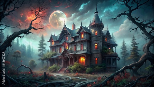 Ominous abandoned victorian mansion looms in dark misty forest, surrounded by twisted trees, overgrown with vines, under a blood moonlit sky. photo