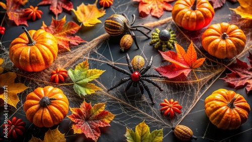 Vibrant autumn holiday composition featuring artificial spiders, festive decorations, and intricate spider webs on a black background, perfect for seasonal designs.