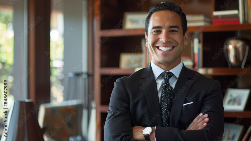 Smiling, elegant, and confident young professional Latino Hispanic businessman, radiating pride and leadership as he stands in his office, exuding aura of a smart and savvy company manager executive. Smiling, elegant, and confident young professional Latino Hispanic businessman, radiating pride and leadership as he stands in his office, exuding aura of a smart and savvy company manager executive.