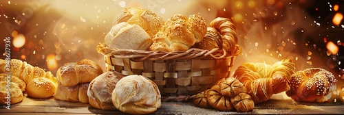 Poster featuring an assortment of breads and pastries in a basket, presented in a warm color photography style. The advertising design concept emphasizes bright and inviting colors to evoke a cozy and