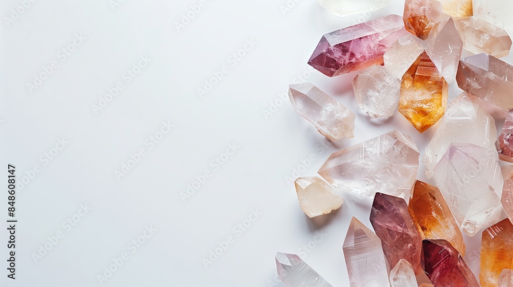 Healing minerals, stones, crystals background. Magic spells, cleansing practice, ritual, witchcraft. Isolated on white background with copyspace Healing minerals, stones, crystals background. Magic spells, cleansing practice, ritual, witchcraft. Isolated on white background with copyspace