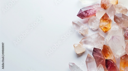 Healing minerals, stones, crystals background. Magic spells, cleansing practice, ritual, witchcraft. Isolated on white background with copyspace