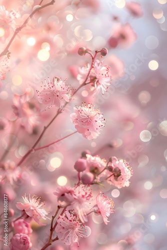 Vertical composition featuring soft focus flowers with blurred bokeh lights, merging nature and light for a soothing background
