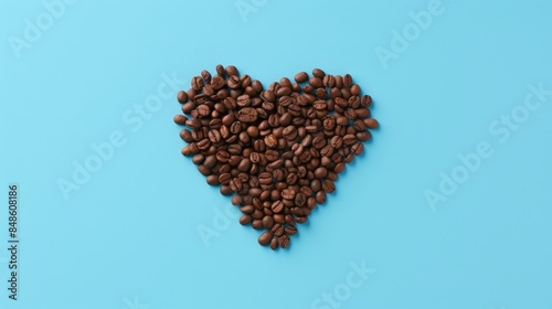 Heart shaped coffee beans on blue background