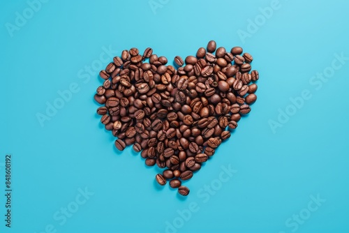 Heart shaped coffee beans on blue background